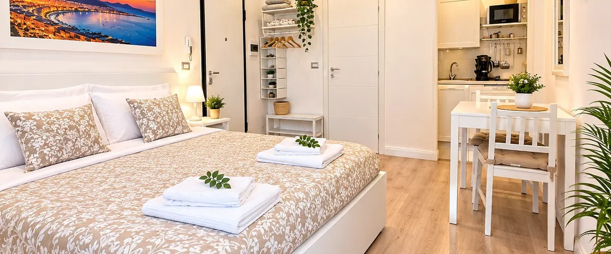 Camera 2 in via Foria: letto matrimoniale, angolo cottura e tavolino